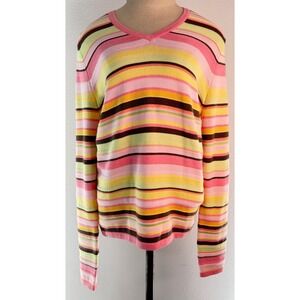 Vintage Y2K Tehama Pink Colorful Striped Knit Sweater Kidcore Dopamine Small